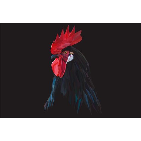 Papier peint panoramique animaux géométrique | Tapisserie panoramique bleu, rouge & noir design | Papier peint panoramique coq original - 270 x 400 cm (4 pièces) (1/2)
