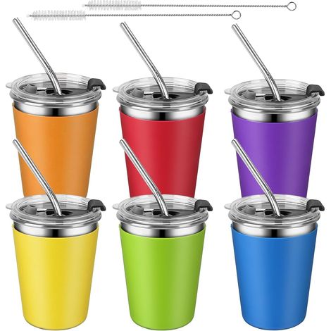 6 Pièces Gobelets en Acier Inoxydable avec Couvercles et Pailles, 360ml Gobelet Incassable pour Enfant Tasse de Voyage à Café Glacé avec Silicone Manchons Amovibles pour Boissons (1/5)