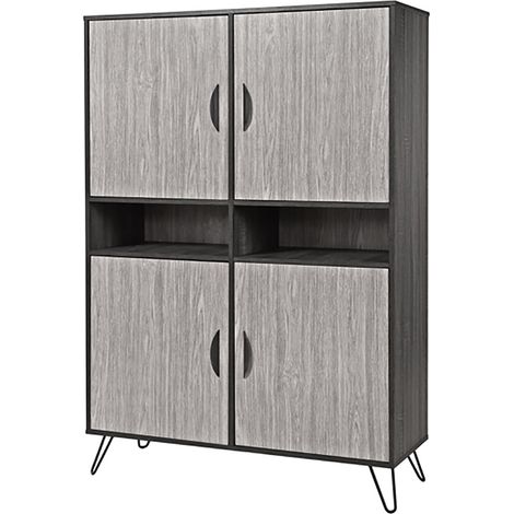 ASCA - Meuble Bar 4 Portes Décir Chêne Gris Cendré et Piètement Métal (1/4)