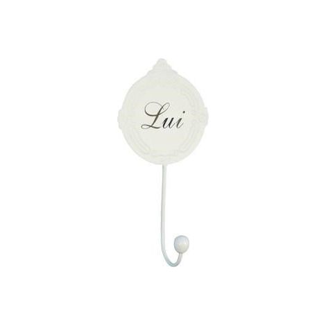 Appendino a 1 gancio in ferro crema con scritta lui, 13,5x6H26 cm (kit da 10)