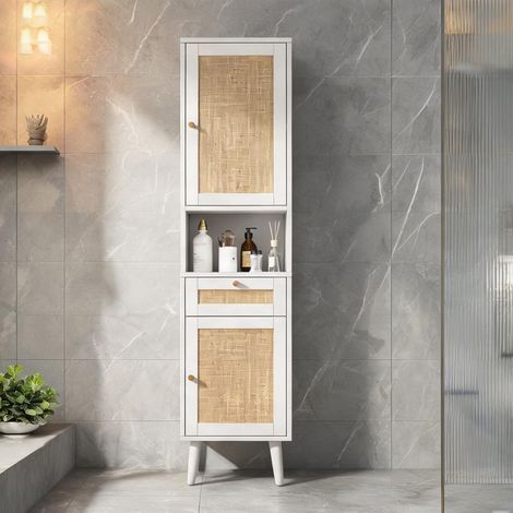 Meuble haut de salle de bain en MDF blanc avec portes en rotin (1/5)
