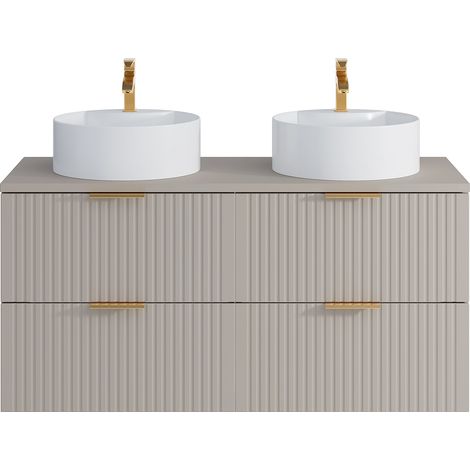 Mobile per bagno sospeso con scanalature e lavabo doppio da appoggio tondo L120 cm Beige - ZEVARA