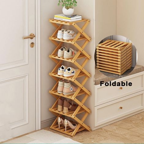 Étagère à chaussures, meuble à chaussures , étagère d'entrée, placard, chambre à coucher, couloir, naturel, fonctionnel, multifonction (couleur bois), 7 couches étagère pliante en bambou pour chaussur (1/5)
