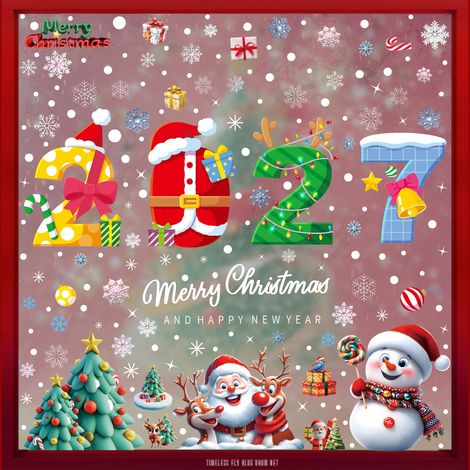 Décorations de Noël et du Nouvel An 2027 : Vieil homme, bonhomme de neige, autocollants pour vitres, sapin de Noël, autocollants pour fenêtres, flocons de neige, boules à suspendre, autocollants antis