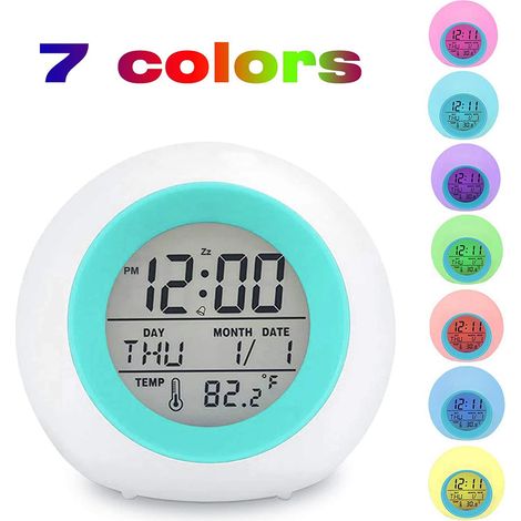 Reloj digital para estudiantes, tanto para niños como para niñas, reloj de mesita de noche con luz que cambia de 7 colores para la habitación infantil, control táctil de la temperatura interior para q (1/5)