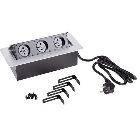 Cyclingcolors – Multiprise encastrable 3 prises 230V – Câble 1,5m – Design discret pour plan de travail – Métal argenté imitation inox