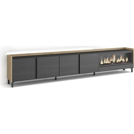 Skraut Home - Mueble TV, Televisión, Muebles de salón, almacenaje, 315x35x61cm, Para TV hasta 80", Chimenea eléctrica XXL, Diseño industrial, LED, Estilo Moderno, Negro y roble (1/5)