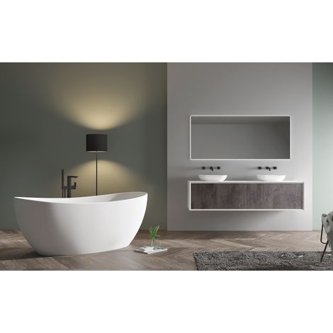 BERNSTEIN - Bañera exenta de piedra maciza HAWAII STONE - 180 x 85 cm - Sin grifería, Con desagüe, Blanco brillo intenso