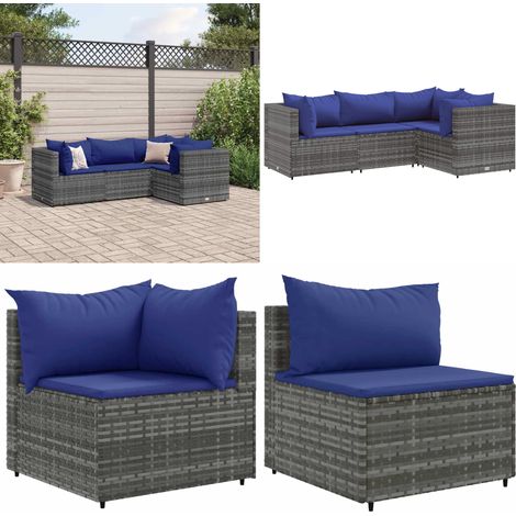 4-tlg. Garten-Lounge-Set mit Kissen Grau Poly Rattan - Gartengeset - Loungeset - Gartenmöbel - Rattan Möbel - Outdoor Möbel - Home & Living (1/5)