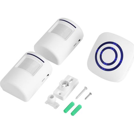 Detector de movimiento infrarrojo inalámbrico para timbre y alarma: 2 transmisores + 1 receptor, compatible con la UE.