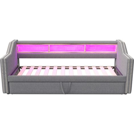 Divano letto convertibile 90/180 x 190 cm grigio chiaro con contenitori, LED, USB e rete (1/5)