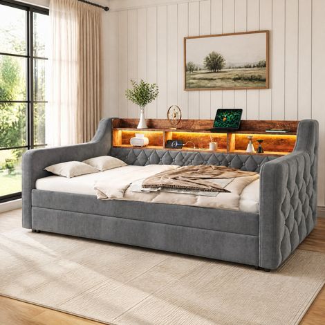 Sofá cama, 90x190 cm, convertible en cama doble, con almacenaje, LED y USB C, terciopelo gris oscuro (1/5)