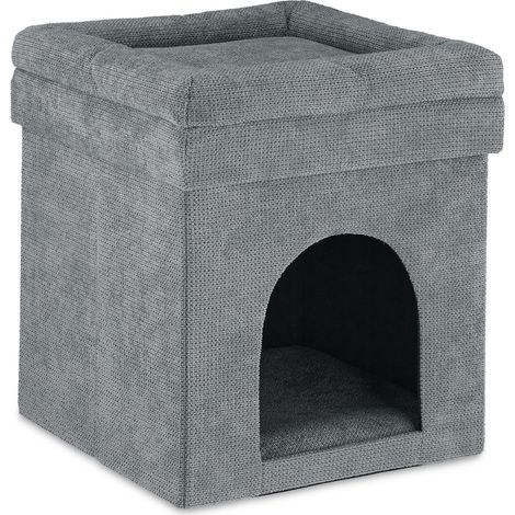 Relaxdays Katzenhöhle Hocker, Versteck für Katzen & kleine Hunde, faltbarer Sitzhocker, HxBxT: 42 x 38 x 38 cm, grau