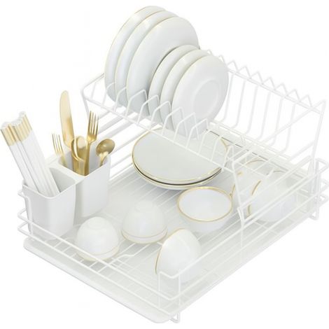 Égouttoir de cuisine modulable double niveau – Métal épais blanc – 2 porte-couverts suspendus – Plateau récupérateur d'eau – Dimensions L 38 x l 26 x H 24 cm