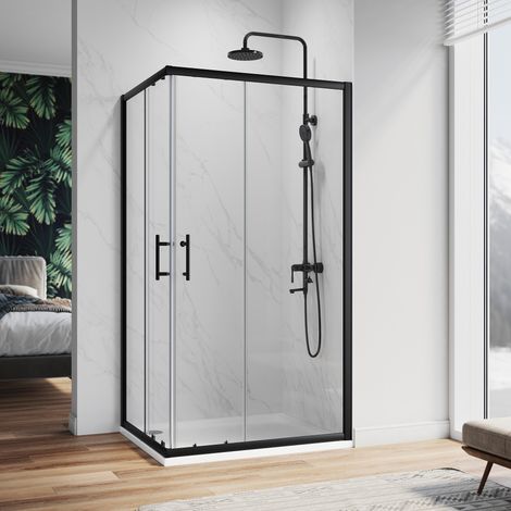 ELEGANT 1000 x 700 mm Sliding Corner Entry Shower Enclosure Door Cubicle Matt Black Frame (1/5)
