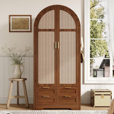 Kleiderschrank 80 x 50 x 179 cm - Garderobenschrank mit geschwungenen Türen und Rattangeflecht - mit Schubladen - MDF - Natur