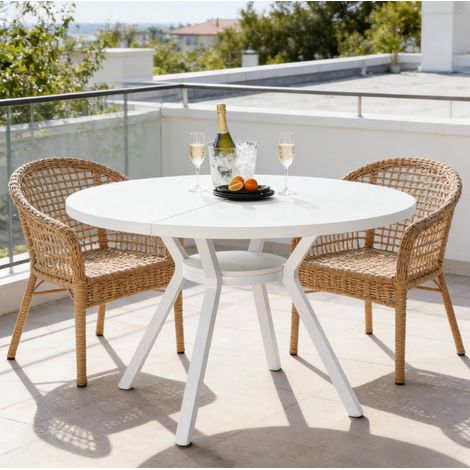 REDOM - Table à manger ronde 119.4x119.4x75 cm - structure stable en métal et bois - blanche - pour 4 à 6 personnes (1/5)