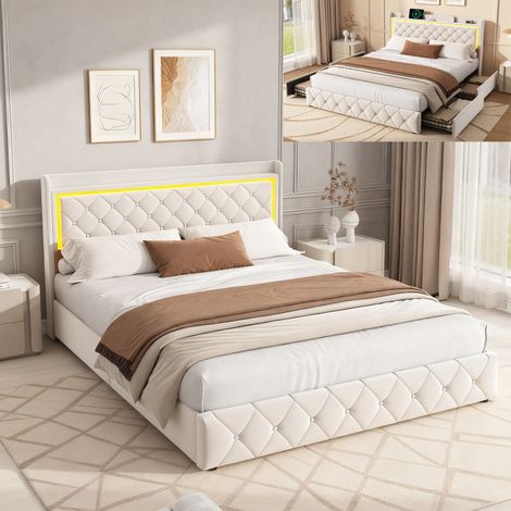 Lit double 140x190 cm avec 4 tiroirs, Lit 140x190 avec sommier LED et USB, Lit adulte avec tête de lit capitonné, Tissu en velours, Beige (1/5)
