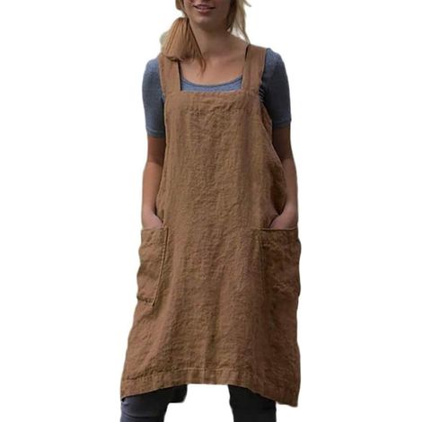 Tablier en coton et lin Tablier à dos croisé Marron,2XL pour les femmes avec des poches Robe chasuble pour la cuisson au four (1/5)