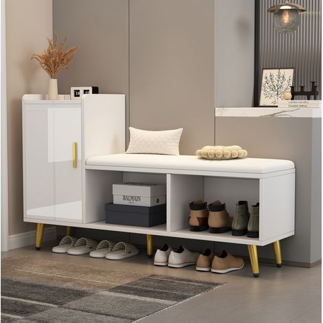 Meuble à chaussures avec banc en panneaux de particules blanc brillant, 1 porte, tablettes réglables, assise rembourrée (1/5)
