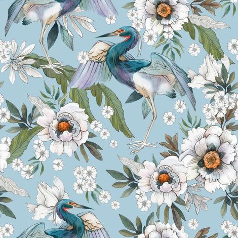 Tela decorativa para exteriores Oxford - motivo de garza con flores blancas I DR194 (1/5)