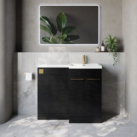 Napoli 390 Nero Oak 1000mm 2 Door Vanity Unit Toilet Suite with Right Hand Square Lucia Basin - 1000mm - Brushed Brass 160mm HandleWithout Kingston Toilet Pan