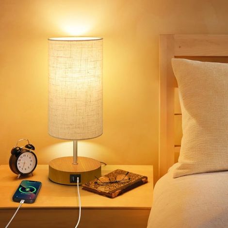 Nachttischlampe – Tischleuchte aus Holz mit drei Helligkeitsstufen, USB-A+C-Ladeanschluss – Touch-Steuerung