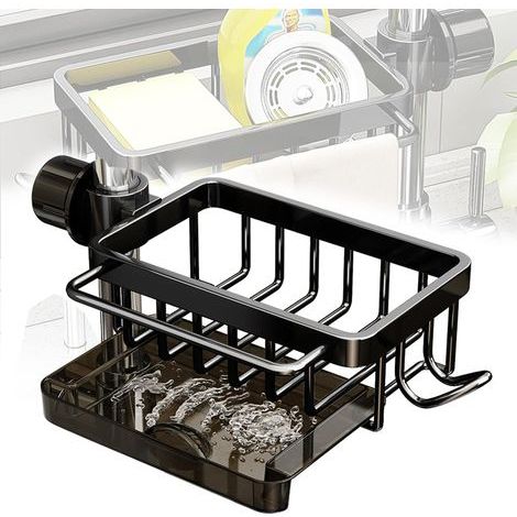 Noir, Support d'éponge de robinet de cuisine, Support de vidange de robinet suspendu Organisateur d'évier avec bac d'égouttage Amovible Supports de Rangement pour évier pour Salle de Bain/Cuisine (1/5)