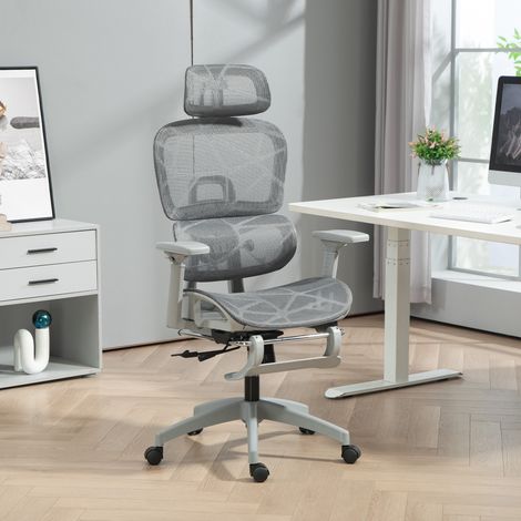 Bürostuhl, Ergonomischer Schreibtischstuhl mit Netzstoffbezug, verstellbar, rollbar, mit Armlehnen, Kopfstütze, Grau