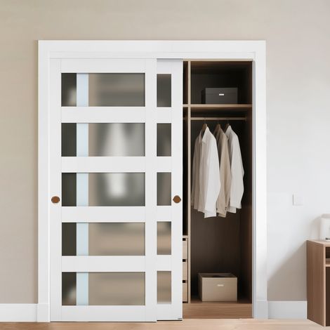 VEVOR Schiebetür 1524 mm x 2032 mm (passende Öffnungsgröße), Bypass-Schiebetüren aus Milchglas mit Hardware-Kit, Massivholz & MDF-Platte mit wasserfester PVC-Oberfläche für Schränke Weiß