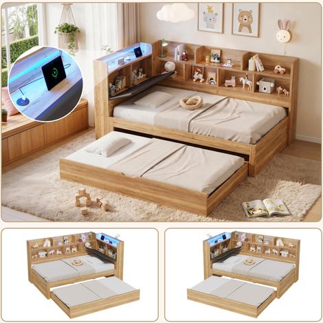 Lit enfant avec rangement (90x200cm), éclairage LED, ports de chargement USB et lit gigogne (90x190cm), banquette-lit en bois d'angle, coloris naturel., garantie 2 ans