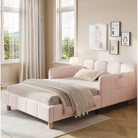 Lit enfant 90x200 cm en velours rose avec barrières, stable, sans matelas – MEUBLIV (1/5)
