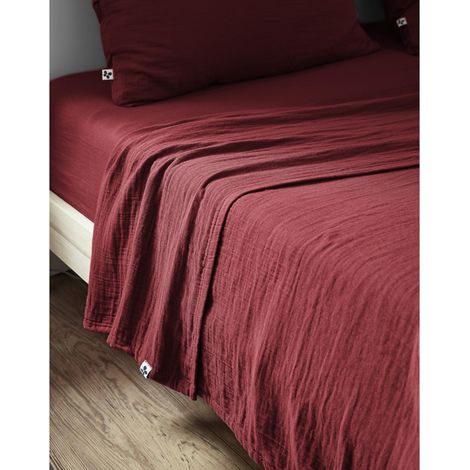 Drap plat 270 x 300 cm Double gaze de coton luxe Gaïa Lie de vin (1/2)