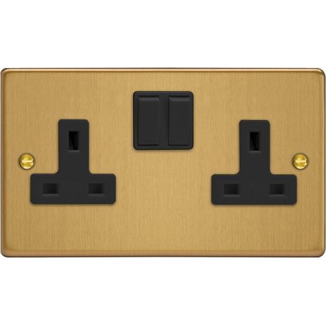 Varilight 2-Gang 13A Double-Pole Switched Socket Brushed Brass Metal-Clad with Brown Insert