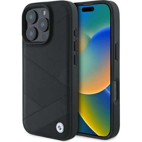 BMW BMHCP16X23RCGPK iPhone 16 Pro Max 6.9" negro/negro funda rígida de cuero con patrón de líneas cruzadas (1/5)