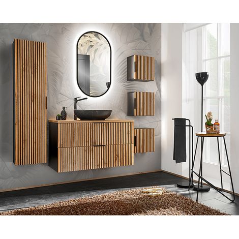 Badezimmer Komplett Set mit Hochschrank, 3x Hängeschrank, Waschtisch, Aufsatzwaschbecken, LED Spiegel XANTEN-56 in anthrazit mit Eiche Nb. schwarz gerillt, B/H/T: ca. 200/200/46,5 cm (1/5)