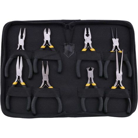 Ensemble de 8 mini-pinces, comprenant une pince à bec long dentée, une pince à bec rond et courbé, une pince coupante et une pince à bec fin avec poignées noires et protection.-AquaForge