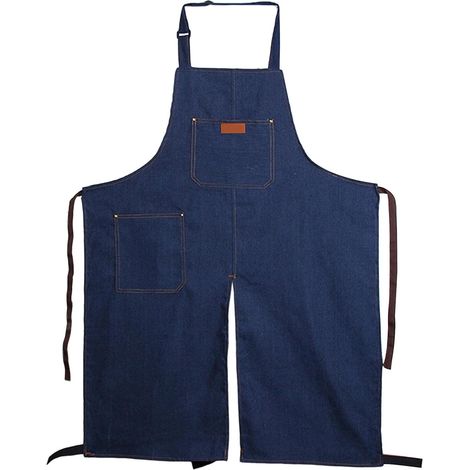Delantal corto de mezclilla con escote dividido, cuello ajustable, ligero, transpirable, con bolsillos, para usar en la cocina y alfarería. (1/5)