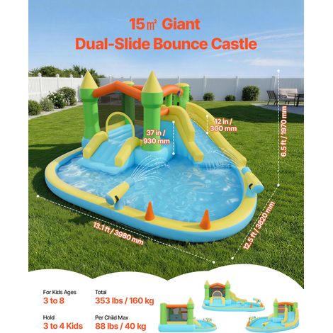 Château Gonflable, Aire de Jeux Gonflable avec Souffleur, Deux Toboggans Aquatiques, Piscine, Grande Zone de Saut, Panier de Basket… (1/5)