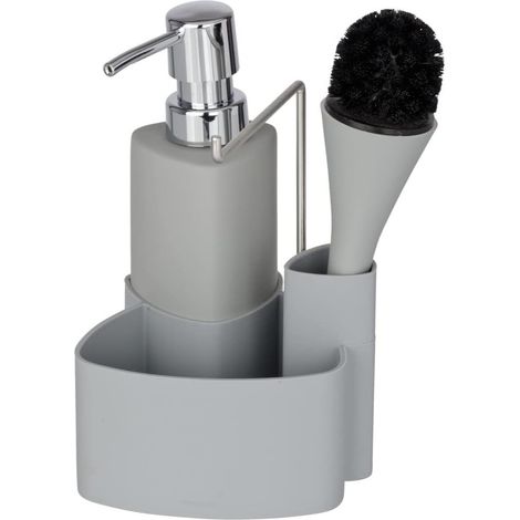 WENKO Spül-Set Empire Grau - Spülmittelspender, Spülbürste, Handtuchhalter, Fassungsvermögen 0.25 L, Soft-Touch Keramik, 11 x 19 x 12.5 cm, Grau
