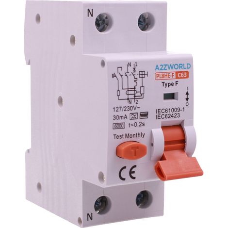 RCBO Interruttore Magnetotermico Differenziale Tipo F Curva C 1P+N 2M 6000A 30mA AC 230V IP20 IEC61009-1, Corrente Disponibili 10A 16A 20A 25A 32A 40A 63A (C63A)