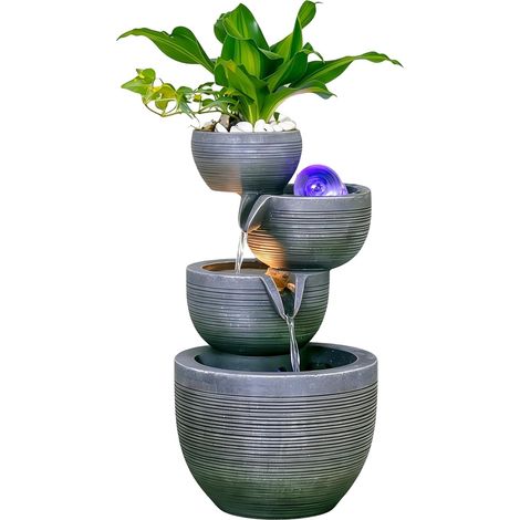 Fontaine d'intérieur avec éclairage LED, fontaine de jardin, jeu d'eau circulaire, fontaine de terrasse, décoration porte-bonheur pour l'intérieur et l'extérieur, 20 x 22 x 37 cm