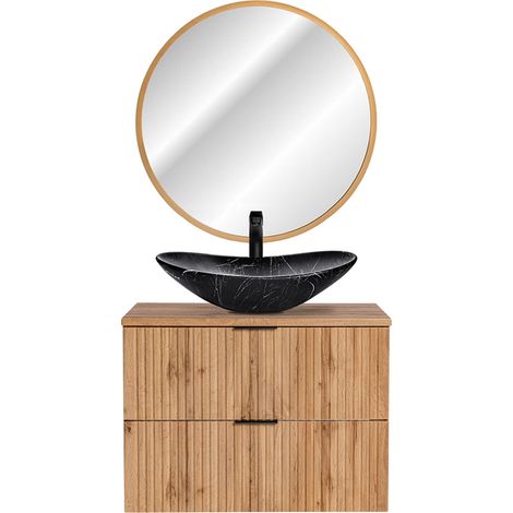 Badmöbelset Wotaneiche Rillenoptik Keramik Waschtisch, 80 cm LED-Spiegel gold gebürstet, B/H/T 80,6/200/46,5 cm (1/5)