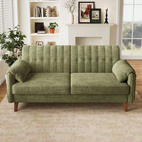 Canapé 2 places 161x79cm - Chenille vert coussins épais poches latérales - Tissu chenille - Vert (1/5)