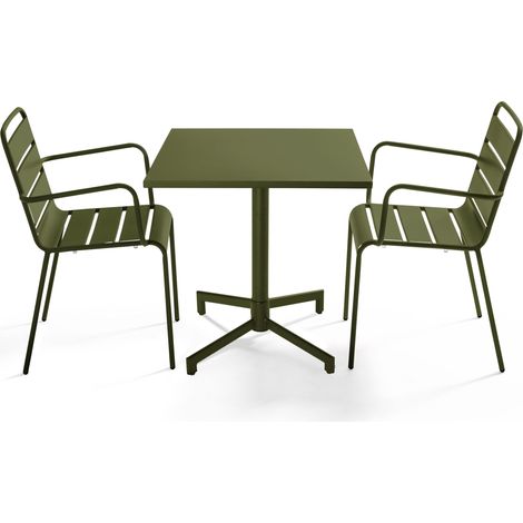 Ensemble table 70 cm et 2 fauteuils de jardin en métal vert kaki - Palavas (1/5)