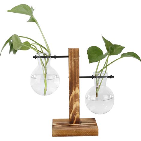 Vase hydroponique en verre transparent pour plantes vertes, support en bois créatif, décoration de bureau, ornement maison, style B (1/5)