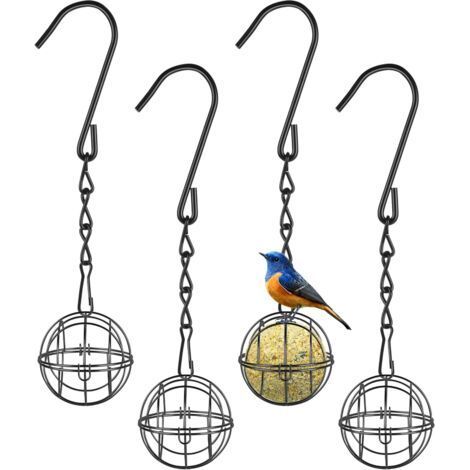 Mangeoires Oiseaux, 4pcs Métal Mangeoire Oiseaux Exterieur avec 4pcs Crochets en Forme de S, Suspendue Sphériques Boule de Graisse Bird Feeder pour de la Maison Le Jardin la Faune (Noir) (1/5)