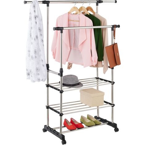 Relaxdays coat rack, rollable, adjustable, double rail & shelves, 86–147 cm height, 84–141 cm width, silver/black (1/5)