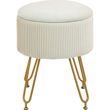 Pouf coffre rond en velours crème avec cadre métallique, Ø40 x 48 cm, siège de rangement polyvalent (1/5)