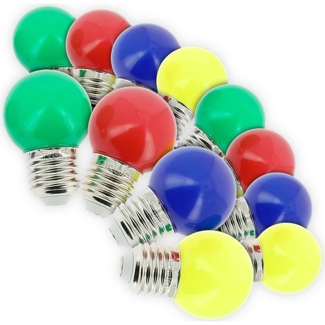 Arum Lighting – Lot de 12 ampoules LED E27 multicolores 1W – Plastique incassable pour extérieur – Installation rapide sur guirlandes – 20W équivalent (1/5)